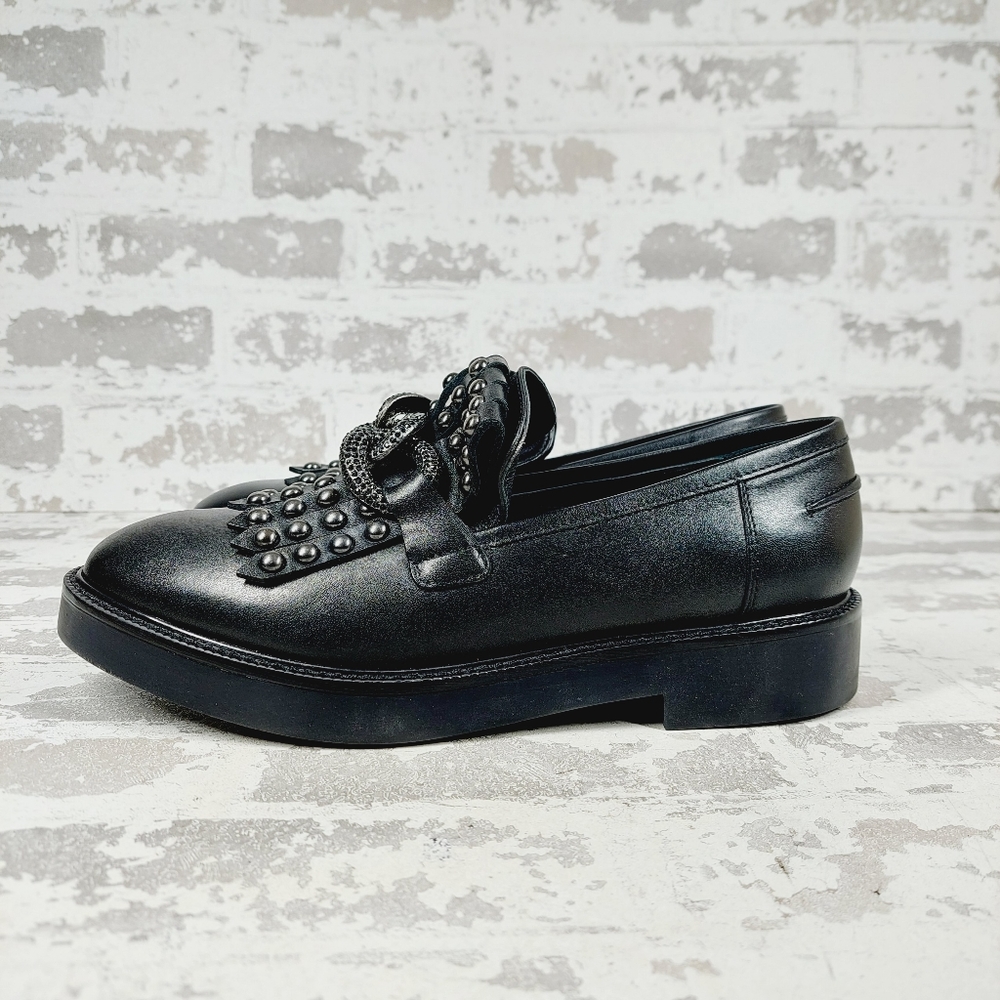 New Saint G Kim Kiltie Black Leather Chain Link Slip On Loafers i773